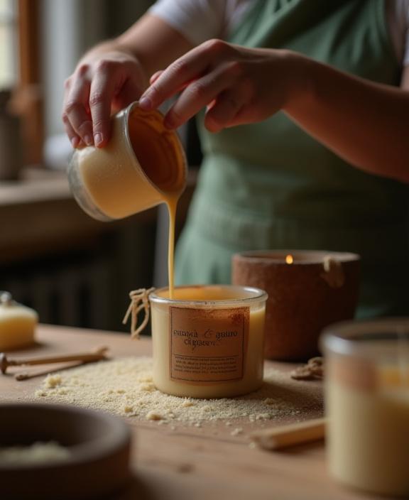 An artisan from Emerald Glow Studio carefully pouring scented soy wax into a candle jar in their Kilkenny workshop.