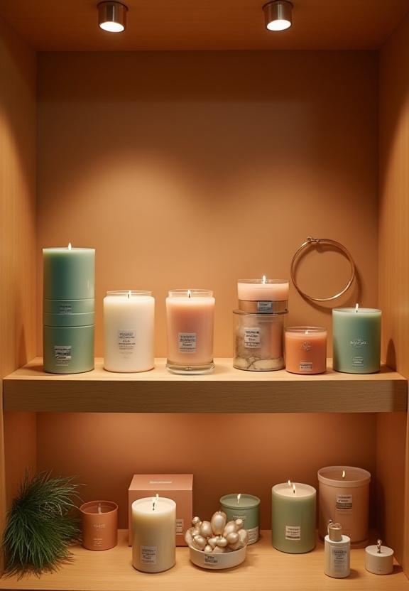 A selection of Emerald Glow Studio candles displayed neatly on a wooden shelf.