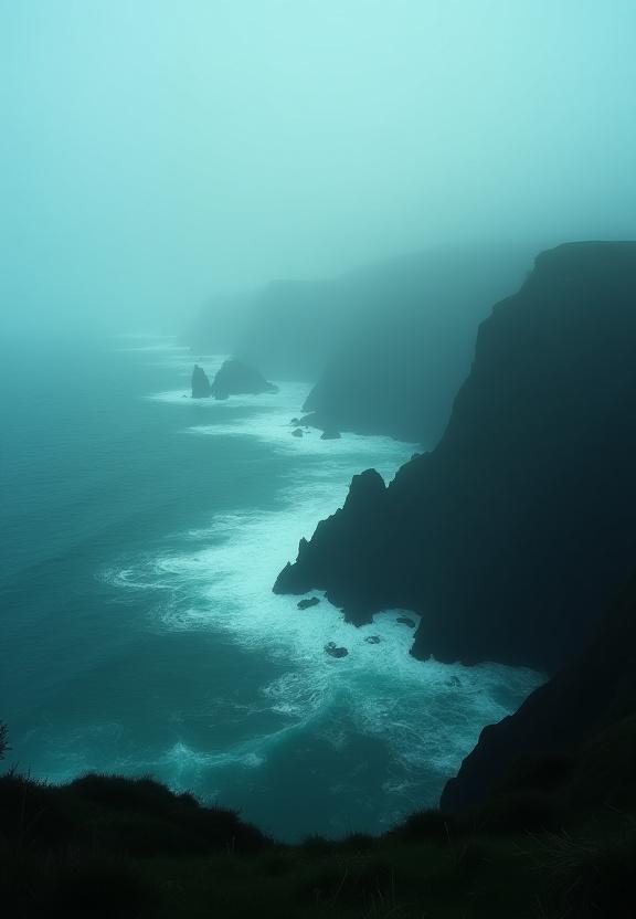 A moody, atmospheric photo of a misty Irish coastline, inspiration for the scents.